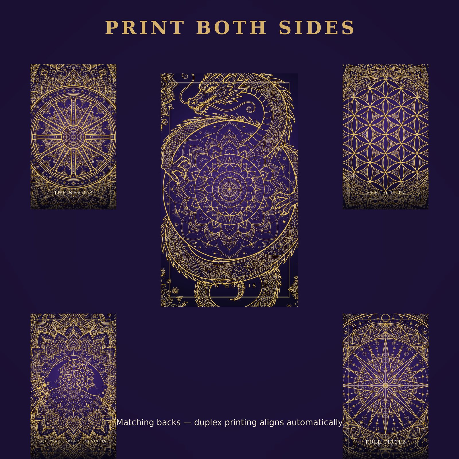 The unified card back of the Mystical Mandala Oracle Deck surrounded by card fronts