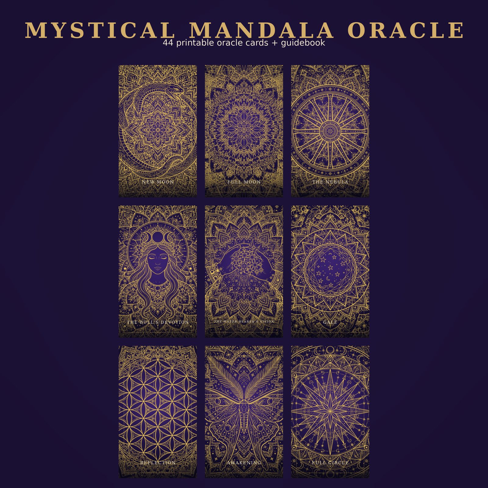 Nine cards from the Mystical Mandala Oracle Deck in gold-on-indigo mandala art