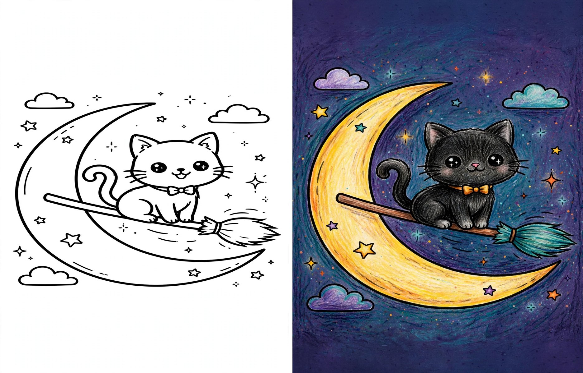 Black cat Halloween coloring page shown blank and fully colored — a kitten in a witch hat surrounded by pumpkins