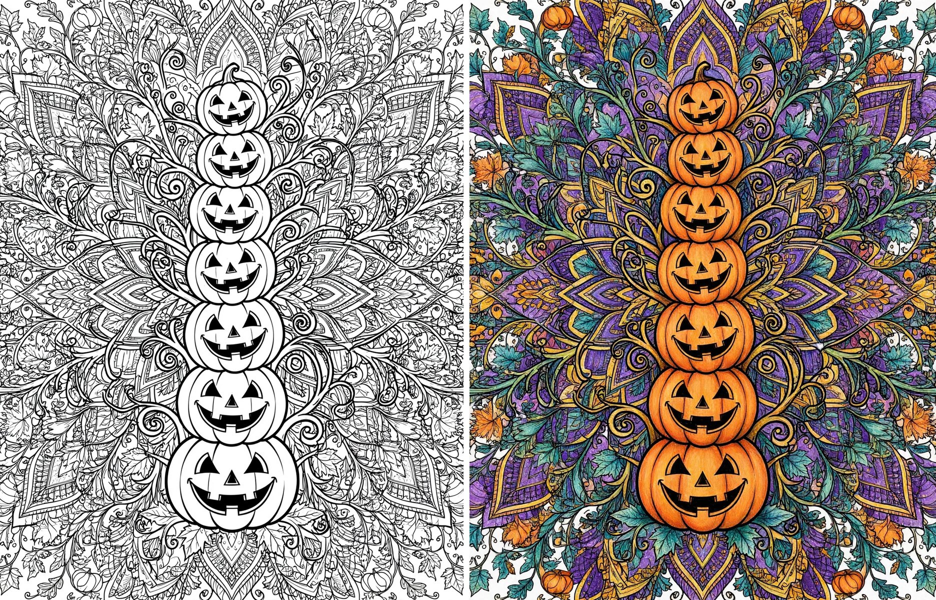 Spooky Halloween mandala coloring page shown blank and colored in purple, orange, and teal
