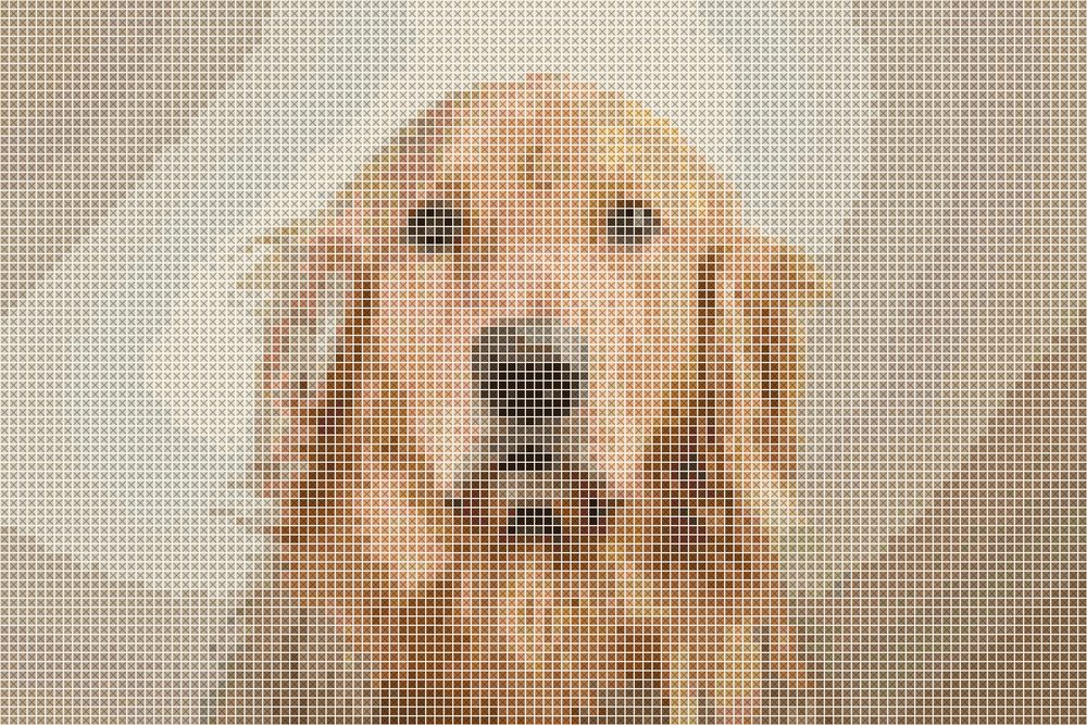 The same golden retriever rendered as a cross-stitch pattern preview